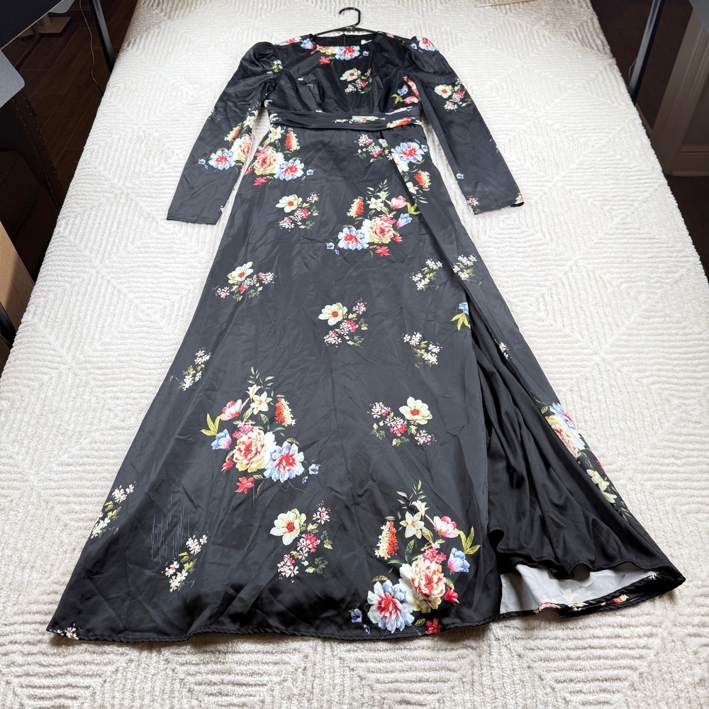 Ieena Mac Duggal Floral Maxi Dress 4 Black Long Formal Evening Party Gown MIB
